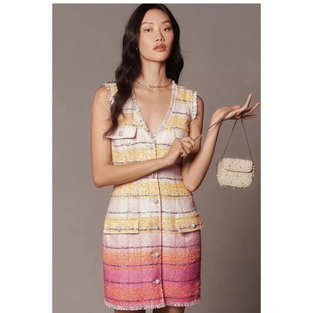 Anthropologie Sleeveless Tweed Mini Dress 0 $178 Yellow Pink Sheath. Wear once